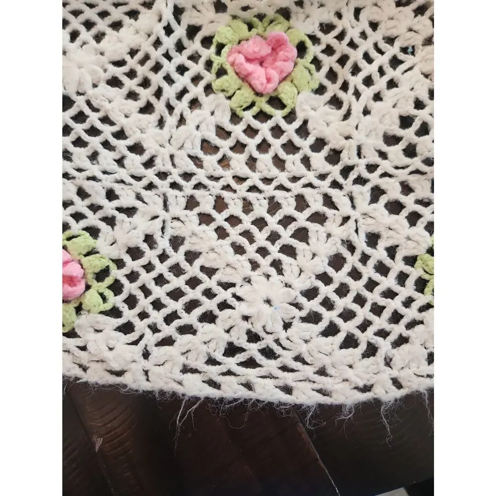 Vintage Handmade Crochet Afghan Bedspread 55x100 Pink 3D Roses Ivory Fringe